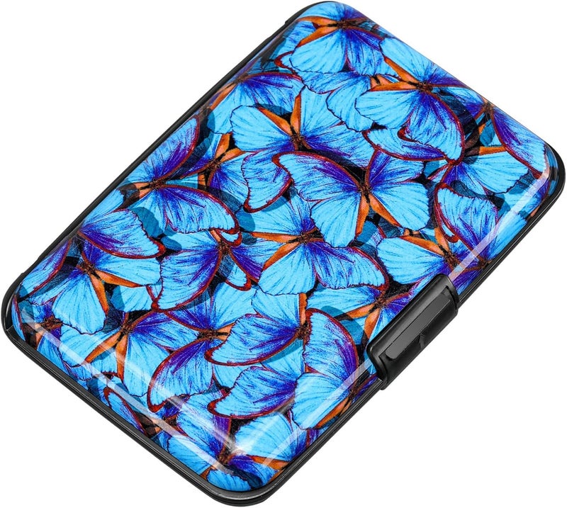 ELFISH RFID Blocking Credit Card Protector Aluminum ID Case Hard Shell Business Card Holders Metal Wallet for Men or Women (Blue Butterfly) - Image 1